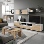 Belus (RANI) meuble tv L200cm contemporain blanc matte et décor chêne blanc