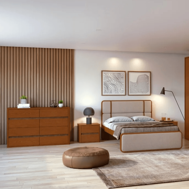 LEDER - DOUBLE Lit 1,60 cm en tissu + 2 Chevets + 1 Commode / Frassino