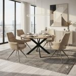Bordeaux table D120 ext. à 160 cm NATUREL & NOIR + 4 chaises Beige // Pied GRIS