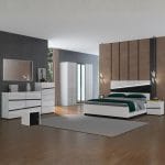 FLOYD - Chambre a coucher (Lit 180 cm Relevable+ 2 Chevets + Armoire + Coiffeuse + Tabouret+ Commode ) -6 pcs Blanche / Noir