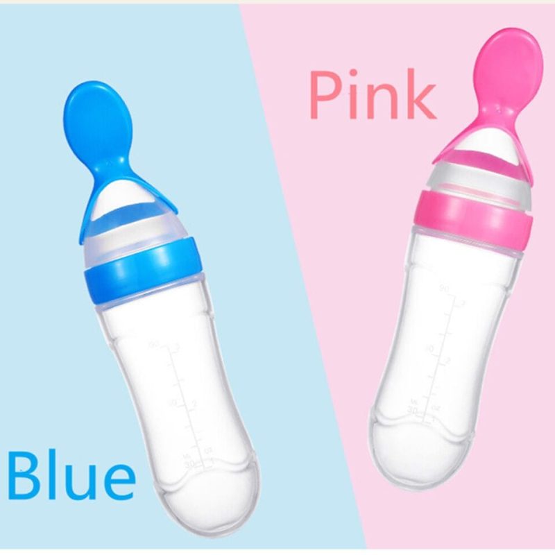 Mangeoire pour bébé de 90 ml rose , biberon en silicone pour tout-petits avec cuillère mangeoire à céréales pour aliments frais