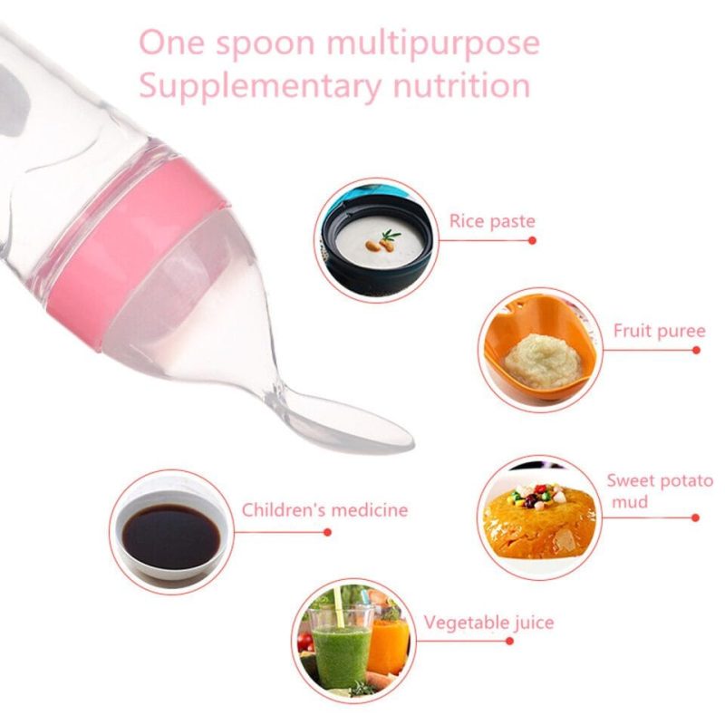 Mangeoire Pour Bébé De 90 Ml Rose , Biberon En Silicone Pour Tout-Petits Avec Cuillère Mangeoire À Céréales Pour Aliments Frais – Image 3