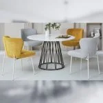 Olivia table D120 + 4 chaises (2 jaune & 2 gris clair - pieds blancs)