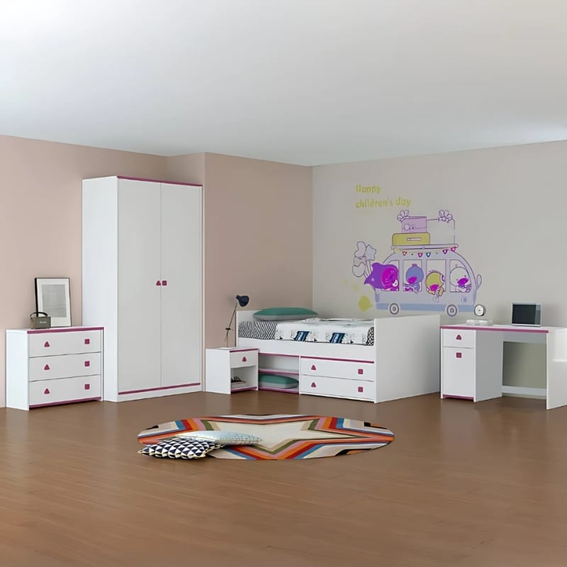 SANSA - Chambre a coucher enfant (Lit 120 cm +  Chevet + Armoire + bureau + Commode 3 tiroirs ) - Blanc / violet 5 pcs