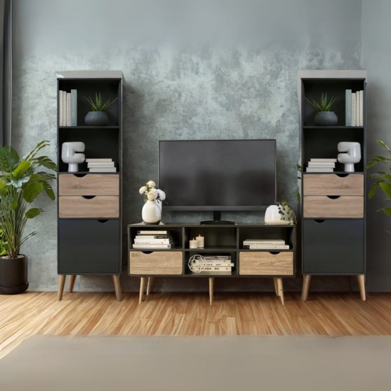 Ensemble MONTENO - + Meuble tv L120 cm + 2 x Bibliothèques H 171 cm - Noir chene