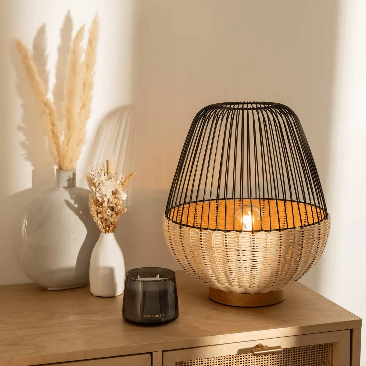 Lampe "Anea" Hêtre, Noir, H.35,5 cm