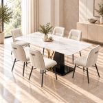 BILBAO Table a manger 160 cm + 6 ALICE Chaise en tissu Blanc